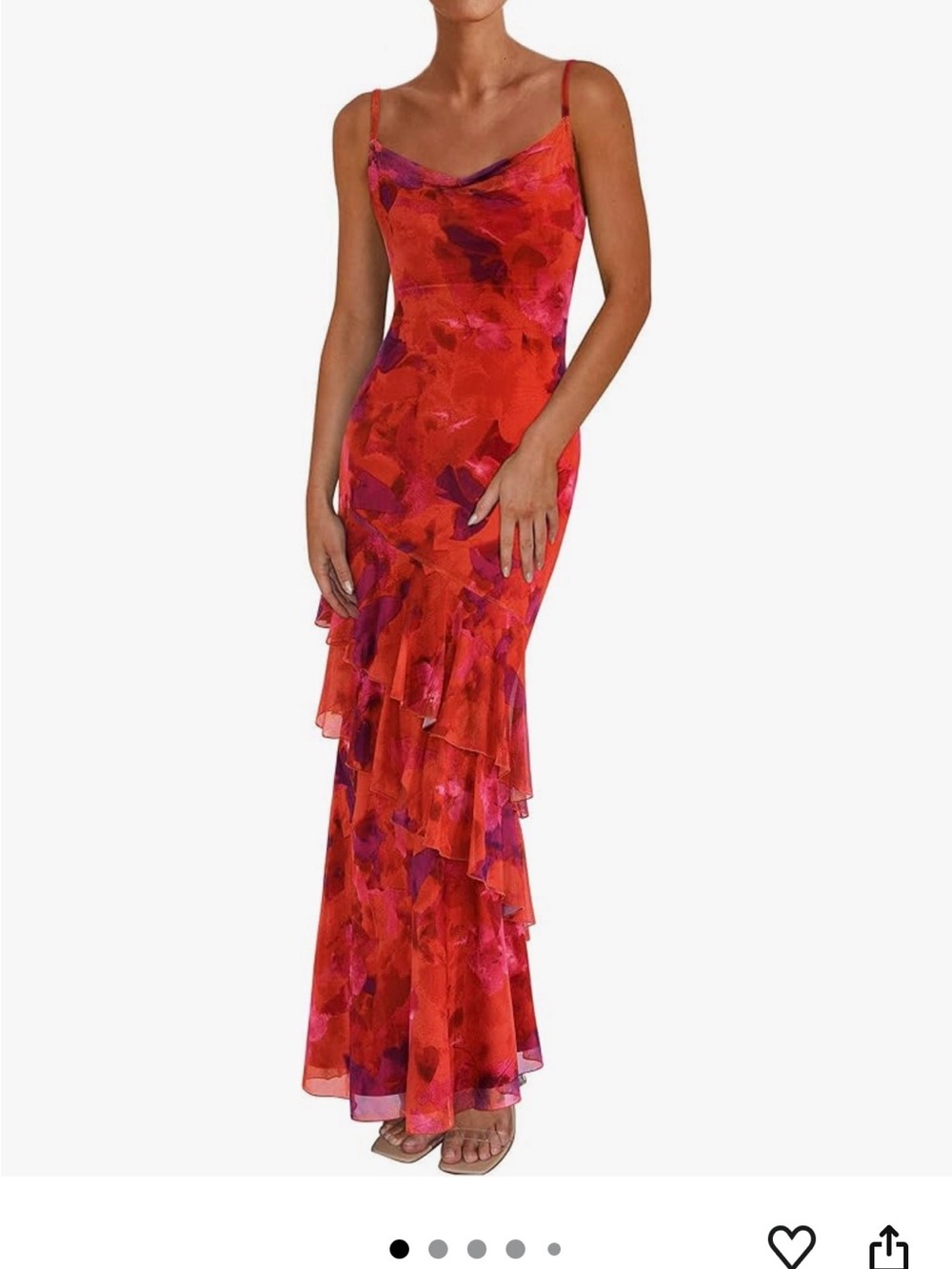 NWT Pretty Garden Rusty Red &Pink Floral Cowl-Neck Ruffle Maxi Dress Size XS